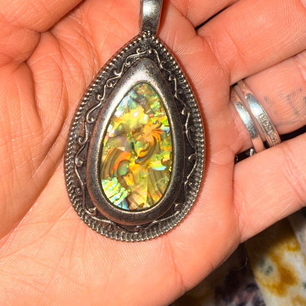 Source Unknown Iridescent Abalone Teardrop Pendant - Green Gold Blue